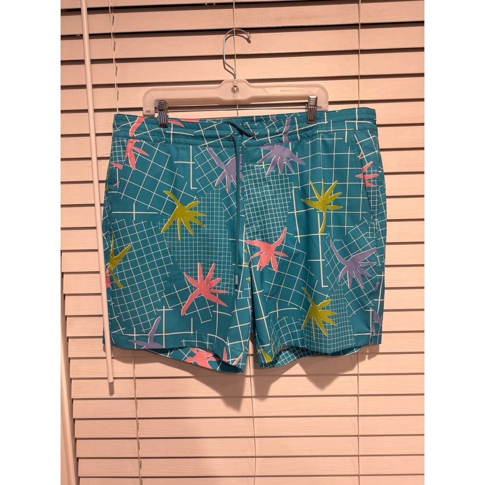 Tori‎ Richard Men's Swim Trunks Size 40 Teal Palm Tree Grid Quick Dry